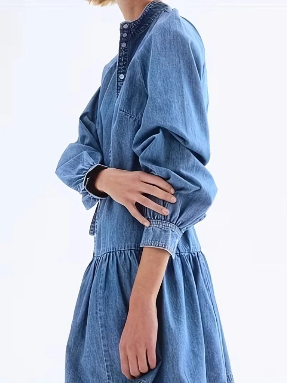 Lantern Sleeve Waist Tie Denim Dress - Picture 2 of 5